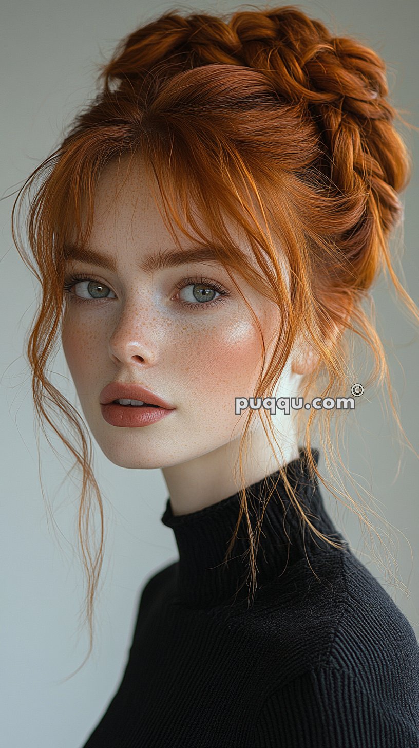 Portrait of a woman with red hair in an updo, freckled face, and wearing a black turtleneck sweater.