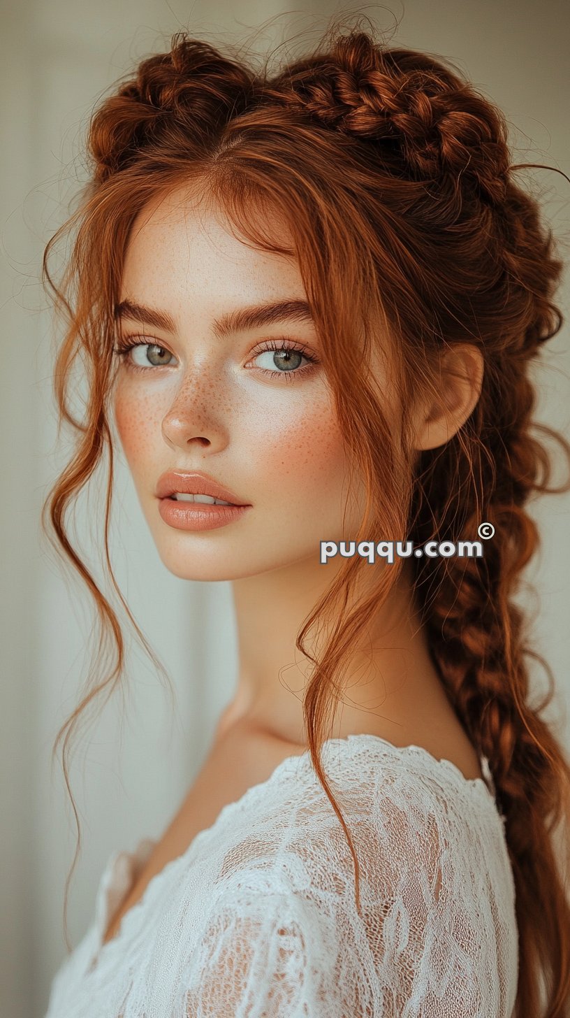 Young woman with braided red hair and freckles, wearing a white lace top, looking over her shoulder with a neutral expression.