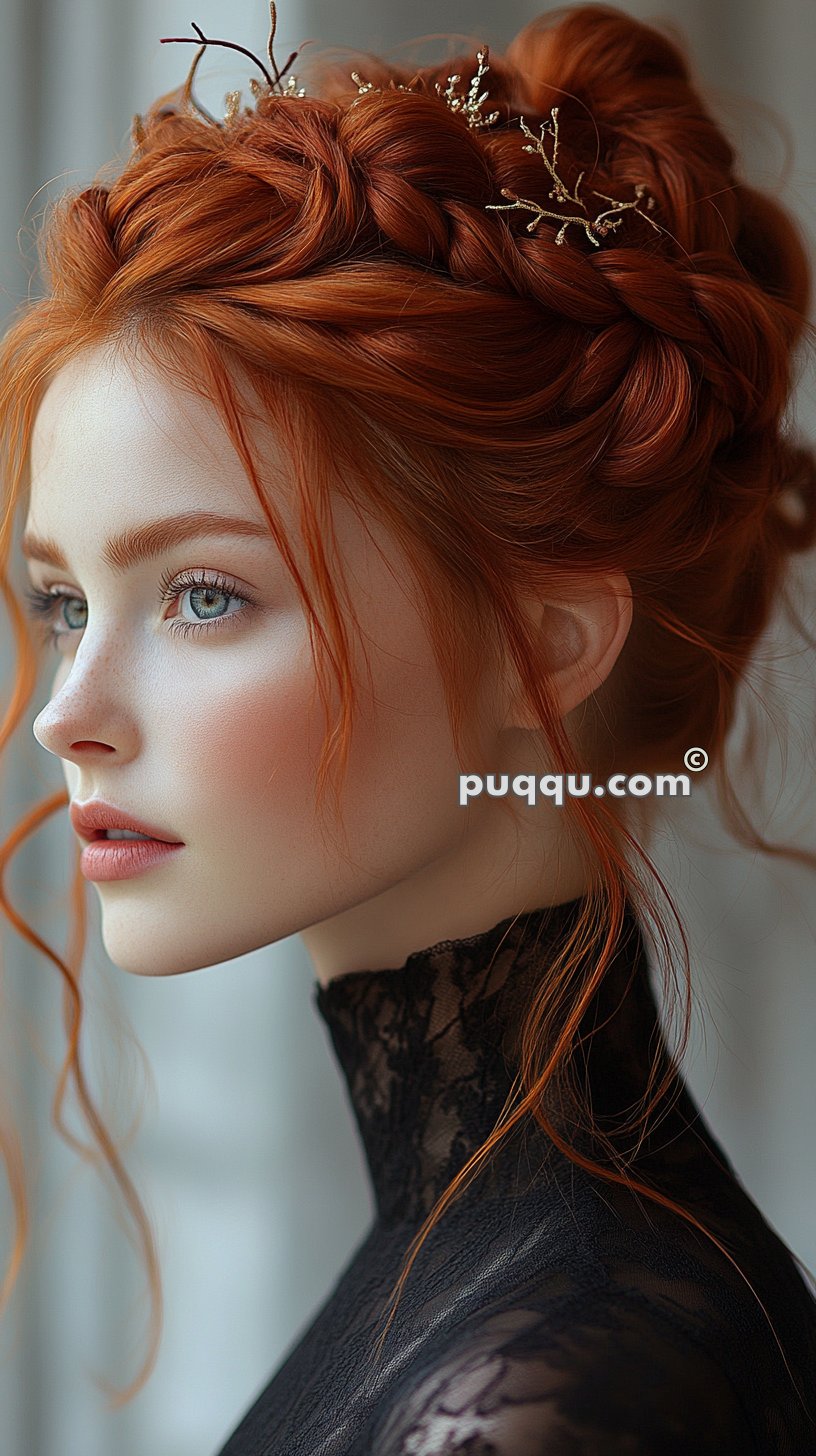 A woman with red hair styled in an intricate updo adorned with delicate hair accessories, wearing a high-neck black lace dress.