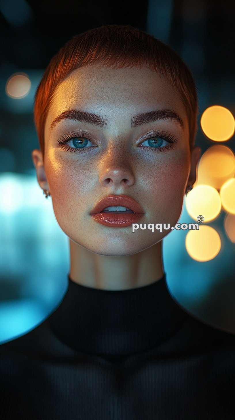 Close-up of a person with short hair, blue eyes, and freckles, wearing a black high-collared top with a blurred background featuring warm light bokeh.