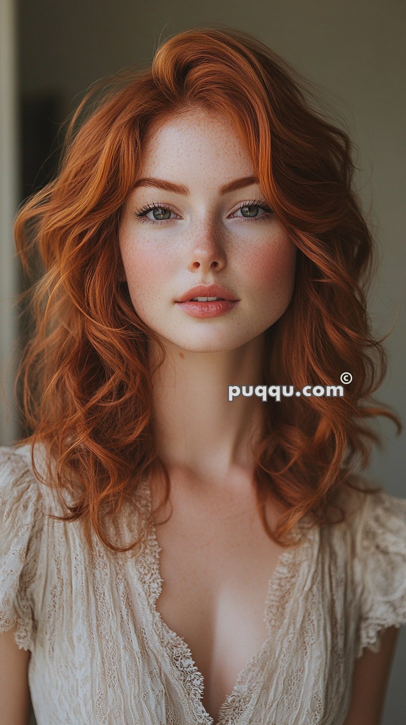 Woman with red hair and freckles wearing a lace blouse, looking directly at the camera with a neutral expression.