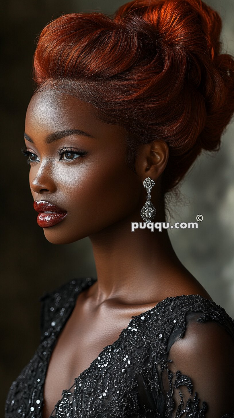 Woman with red hair in an elegant updo, wearing a black beaded dress and ornate dangling earrings.