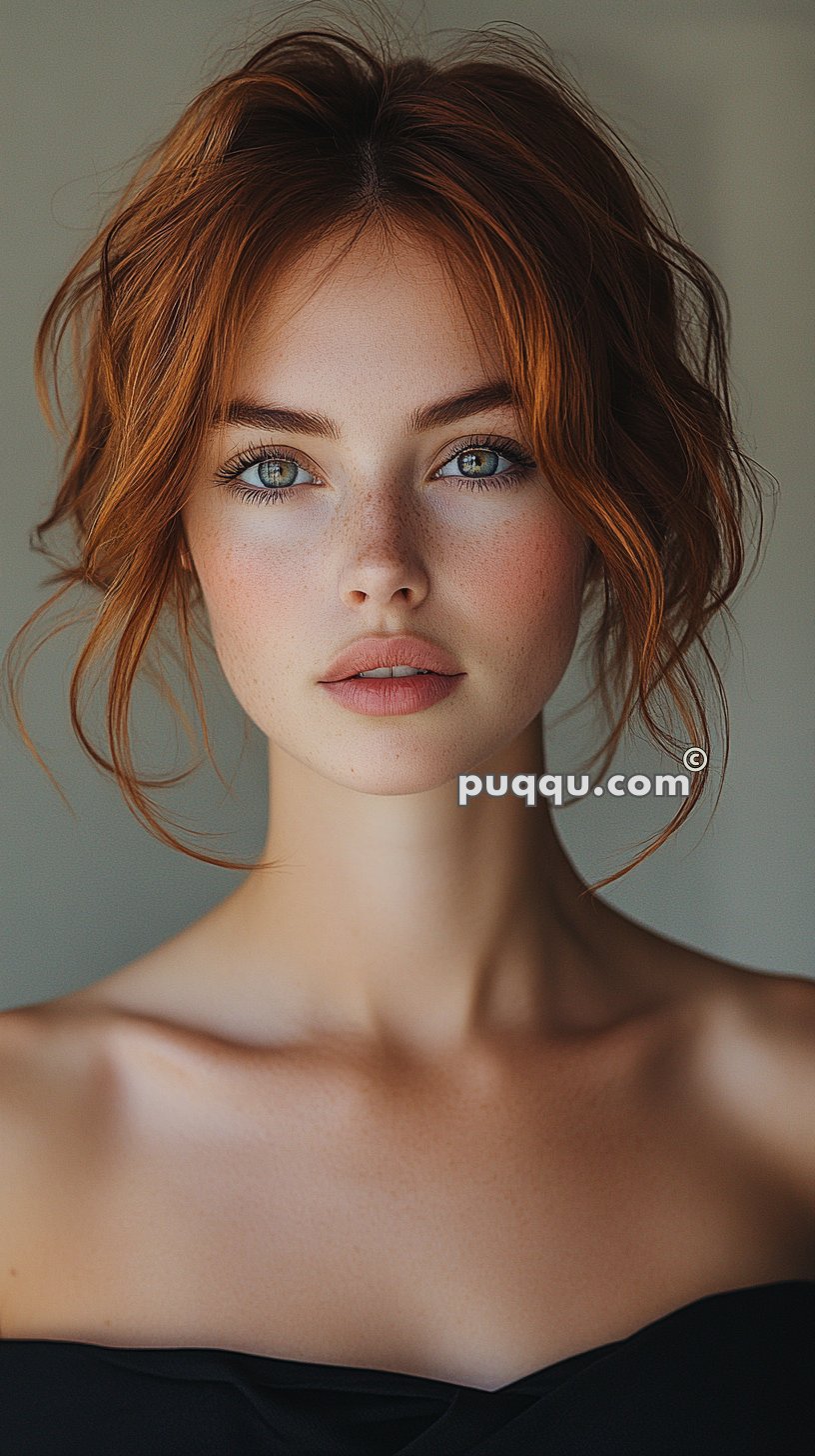A woman with auburn hair, freckled skin, and light blue eyes, wearing a black off-shoulder top, gazes directly at the camera.