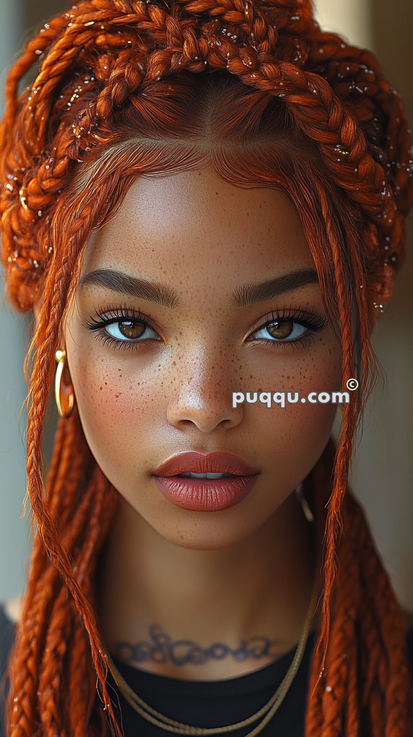A close-up of a woman with red braided hair, freckles, brown eyes, and wearing gold hoop earrings.