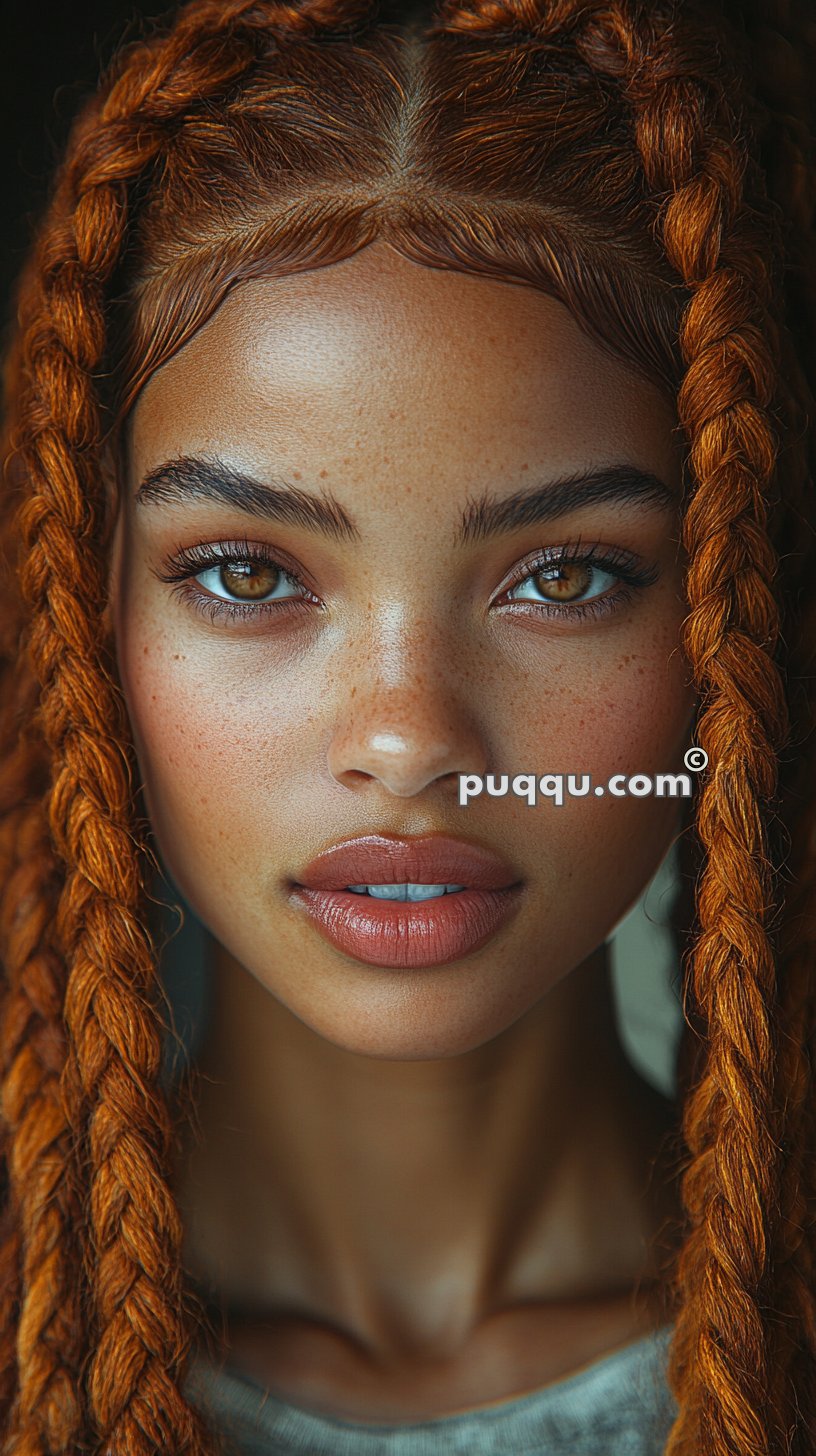 Close-up portrait of a person with long, red braided hair, absorbed light brown eyes, and freckles on their face.