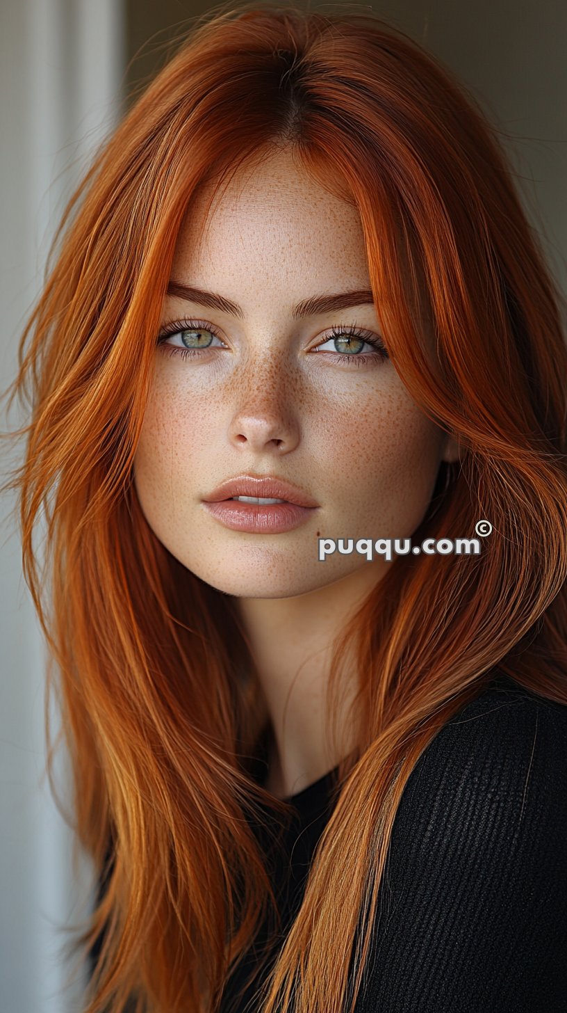 A woman with long red hair, green eyes, and freckles, wearing a black top, stares directly at the camera.