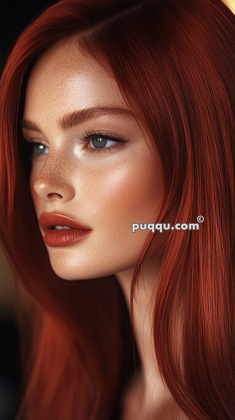 Young woman with long, straight red hair, blue eyes, and freckles, looking to the side.