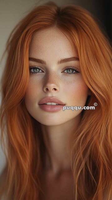 A young woman with long red hair, freckles, and blue eyes gazing directly at the camera.