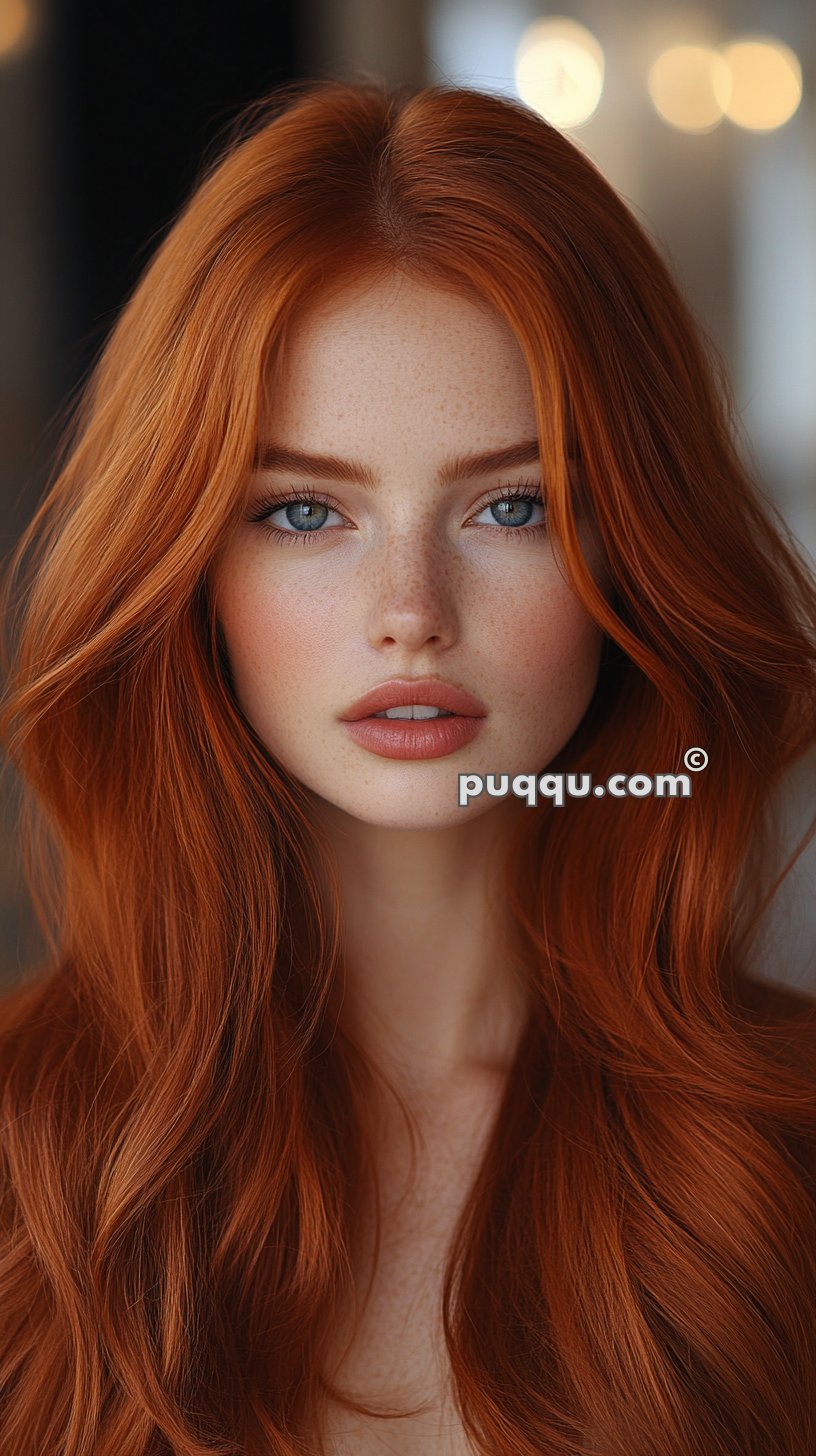 Portrait of a young woman with long red hair, blue eyes, and freckles, with a neutral expression, labeled with the text "tan-lobster-970566.hostingersite.com."