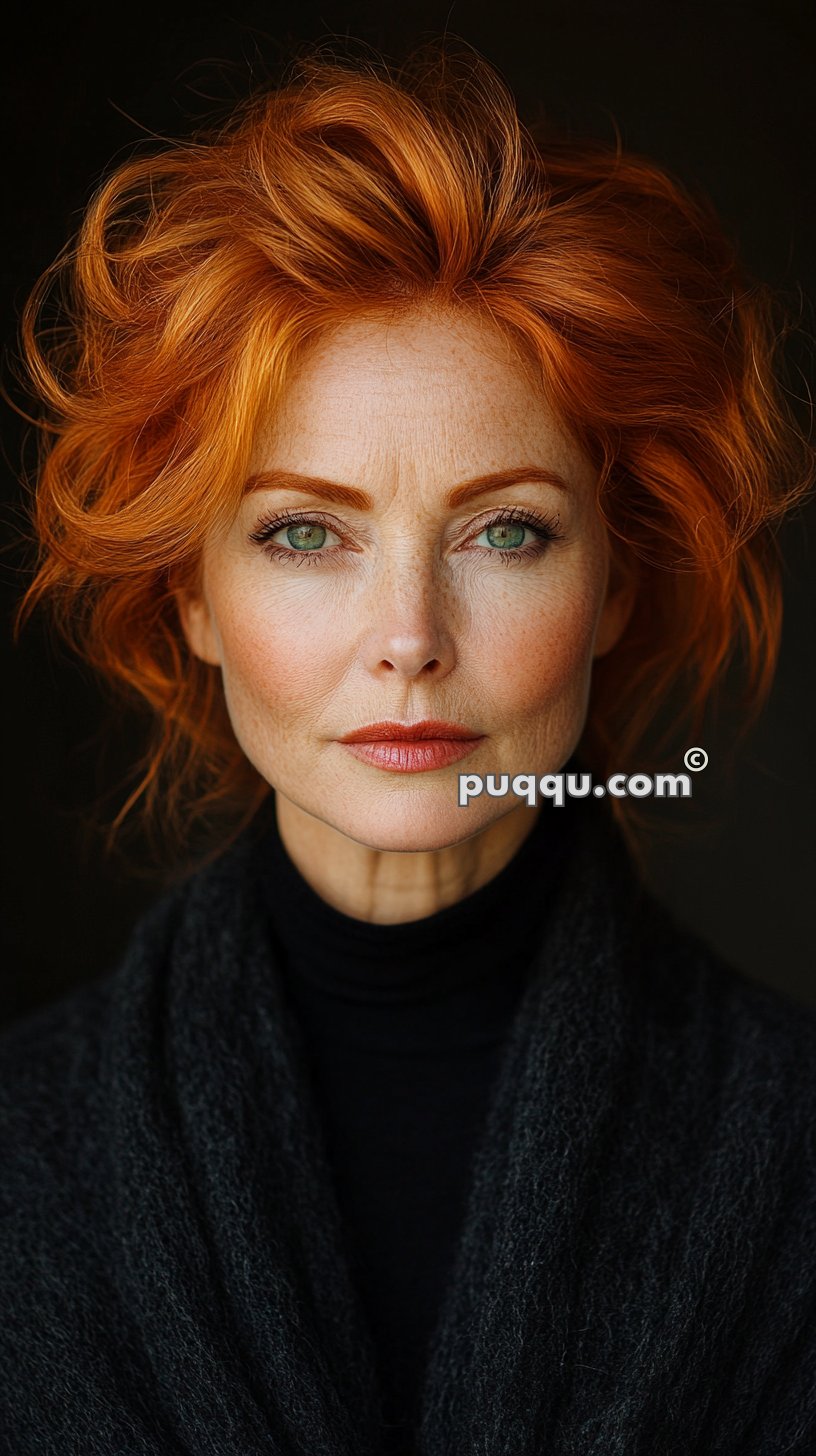 Woman with red hair and green eyes wearing a black turtleneck and a dark shawl.