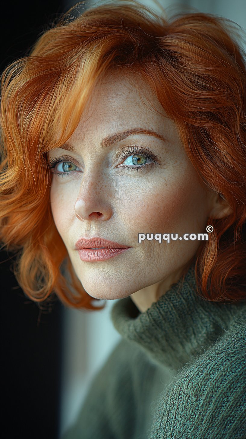Close-up of a woman with wavy red hair, freckles, green eyes, and wearing a green knitted sweater.