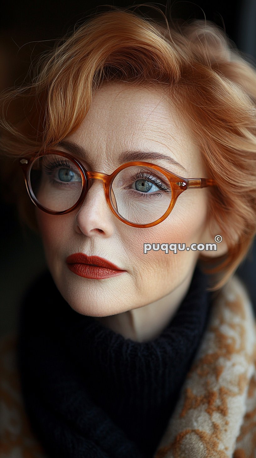 A woman with short, wavy red hair and wearing round, orange glasses and dark red lipstick.