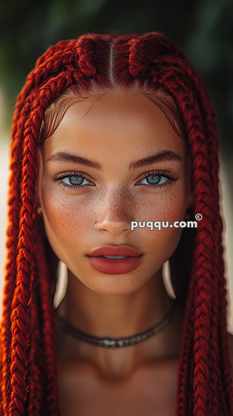 A person with long red braids, blue eyes, freckles, and a nose ring, wearing a choker necklace.