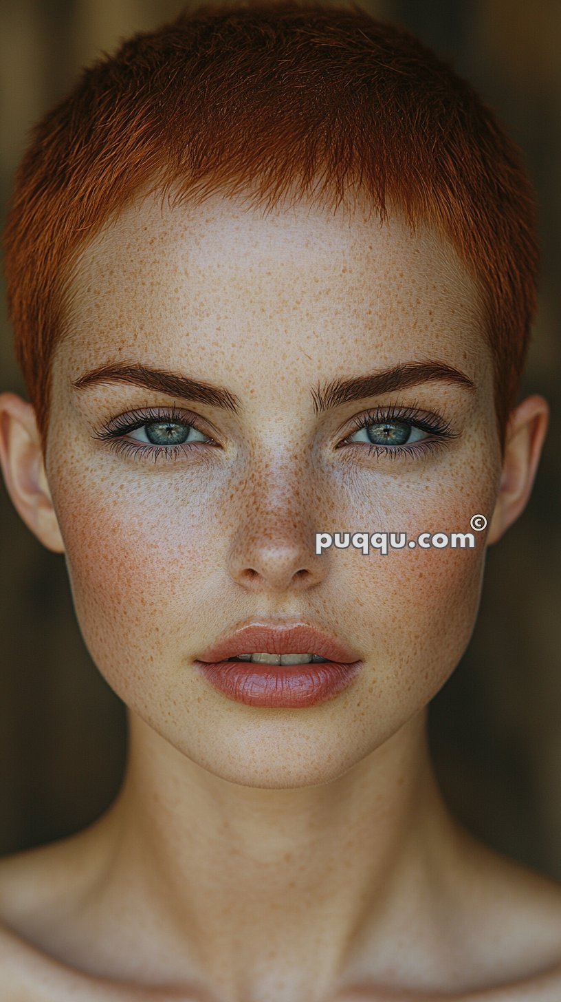 Close-up of a person with short red hair, freckles, and blue eyes.