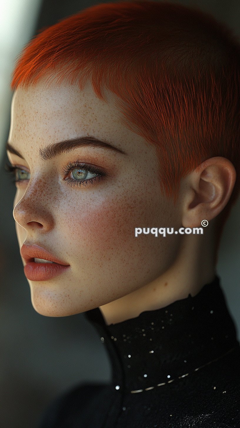 Close-up portrait of a person with short red hair, green eyes, and freckles, wearing a black high-collared garment.