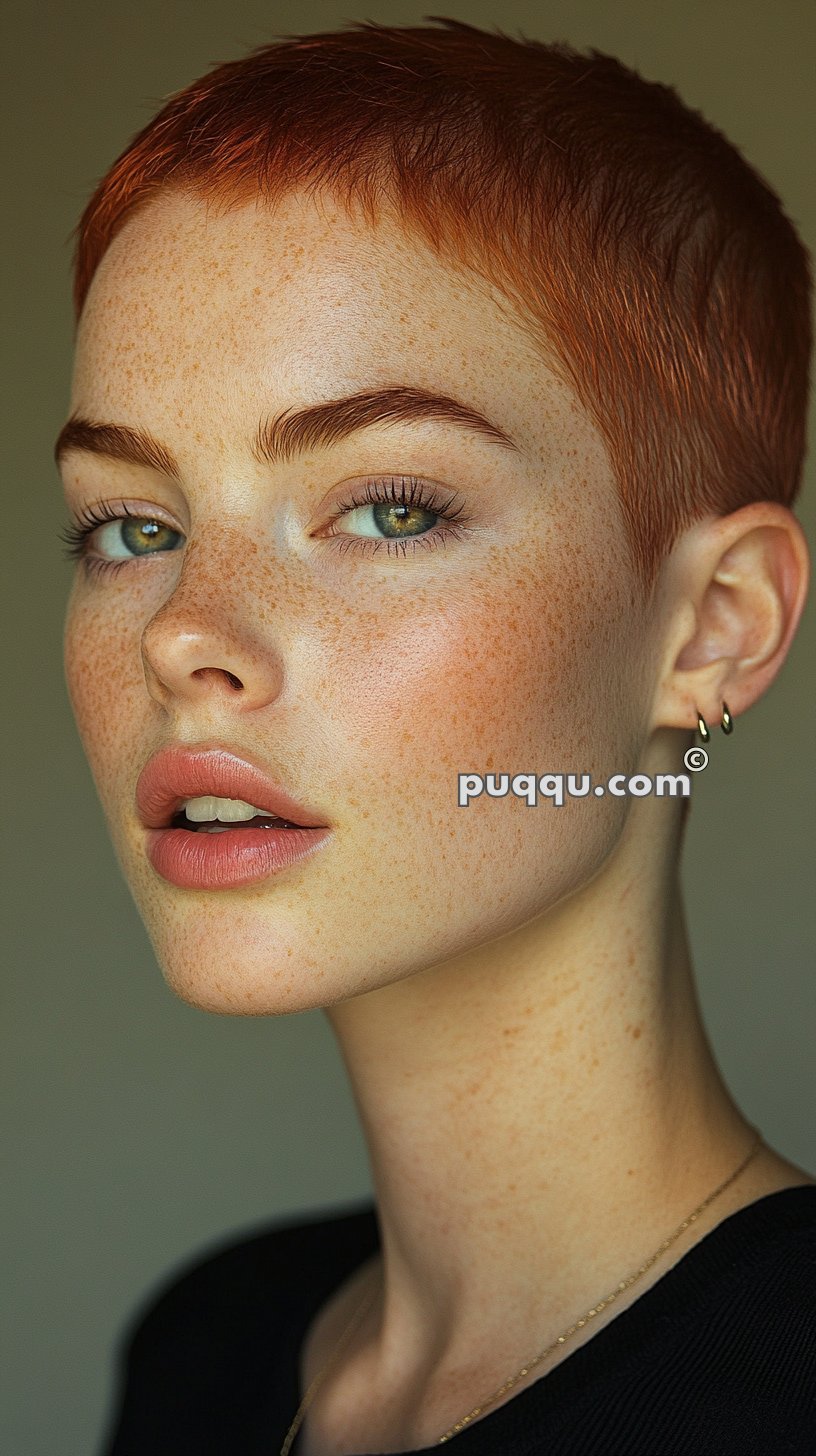 Person with short red hair, freckles, light green eyes, and wearing small hoop earrings and a black top, looking at the camera.
