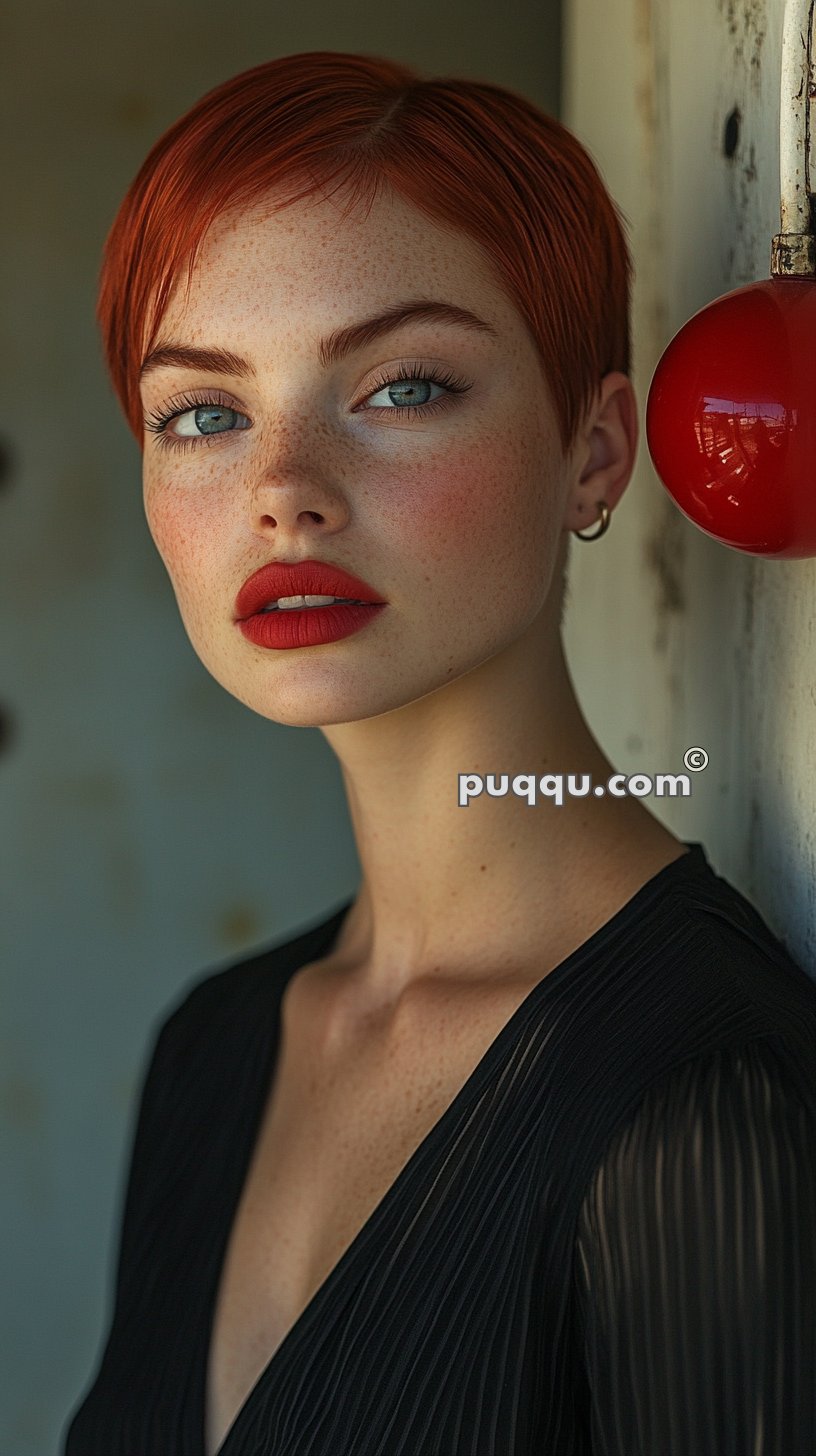 Woman with short red hair, bright red lipstick, and freckled skin, wearing a black top, looking at the camera with a red bulb in the background.