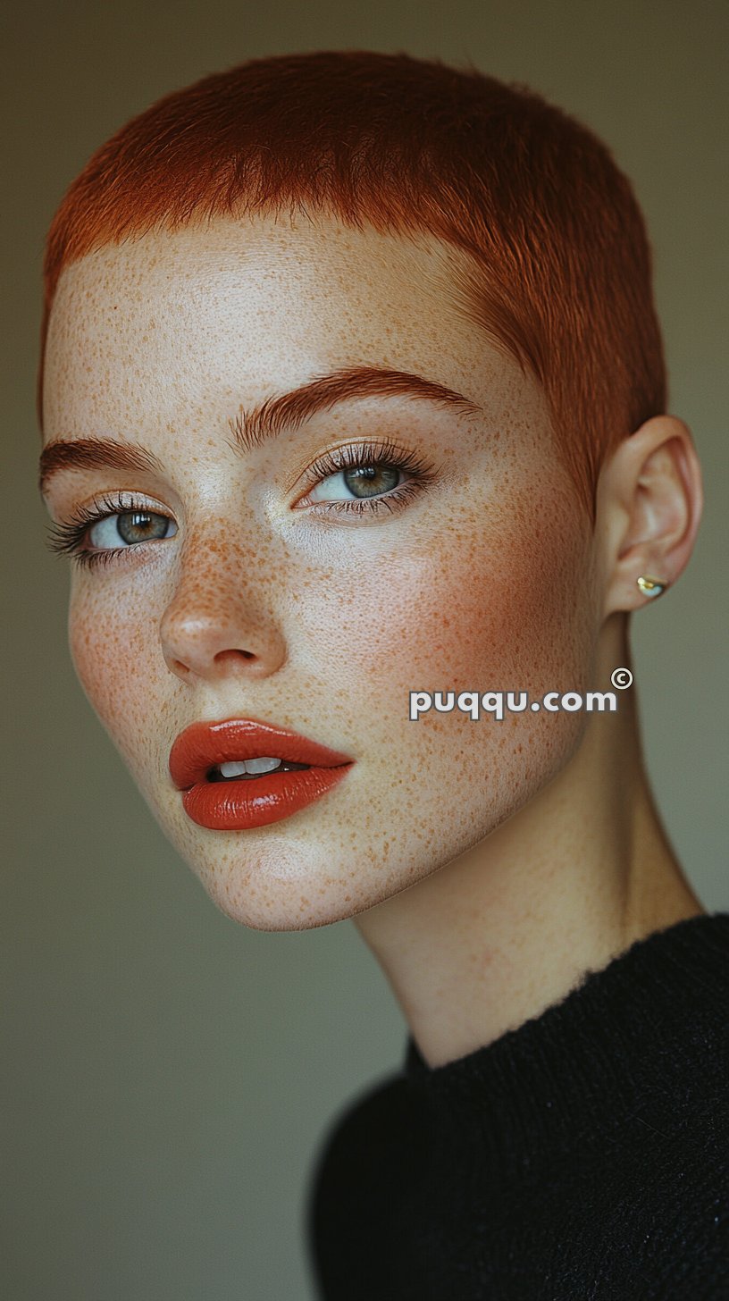 Portrait of a person with short red hair, blue eyes, and freckles, wearing red lipstick and a black top.