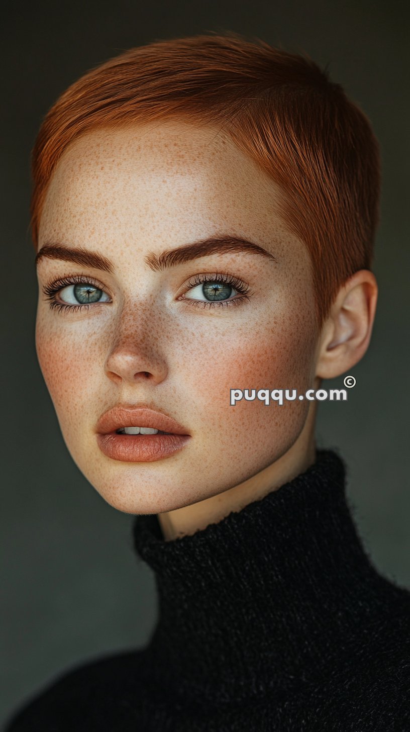 Person with short red hair, a black turtleneck sweater, and a slightly freckled complexion.