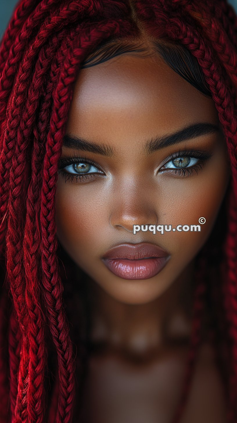 A close-up portrait of a person with intense, vibrant makeup, red braided hair, and striking light-colored eyes. The image has a © tan-lobster-970566.hostingersite.com watermark.