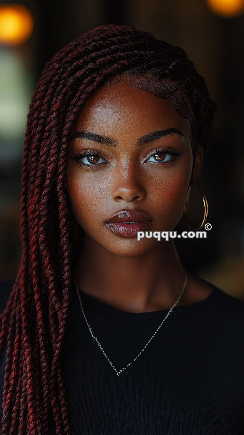 A woman with long twisted braids, wearing hoop earrings and a delicate necklace, stares directly at the camera with a serious expression.