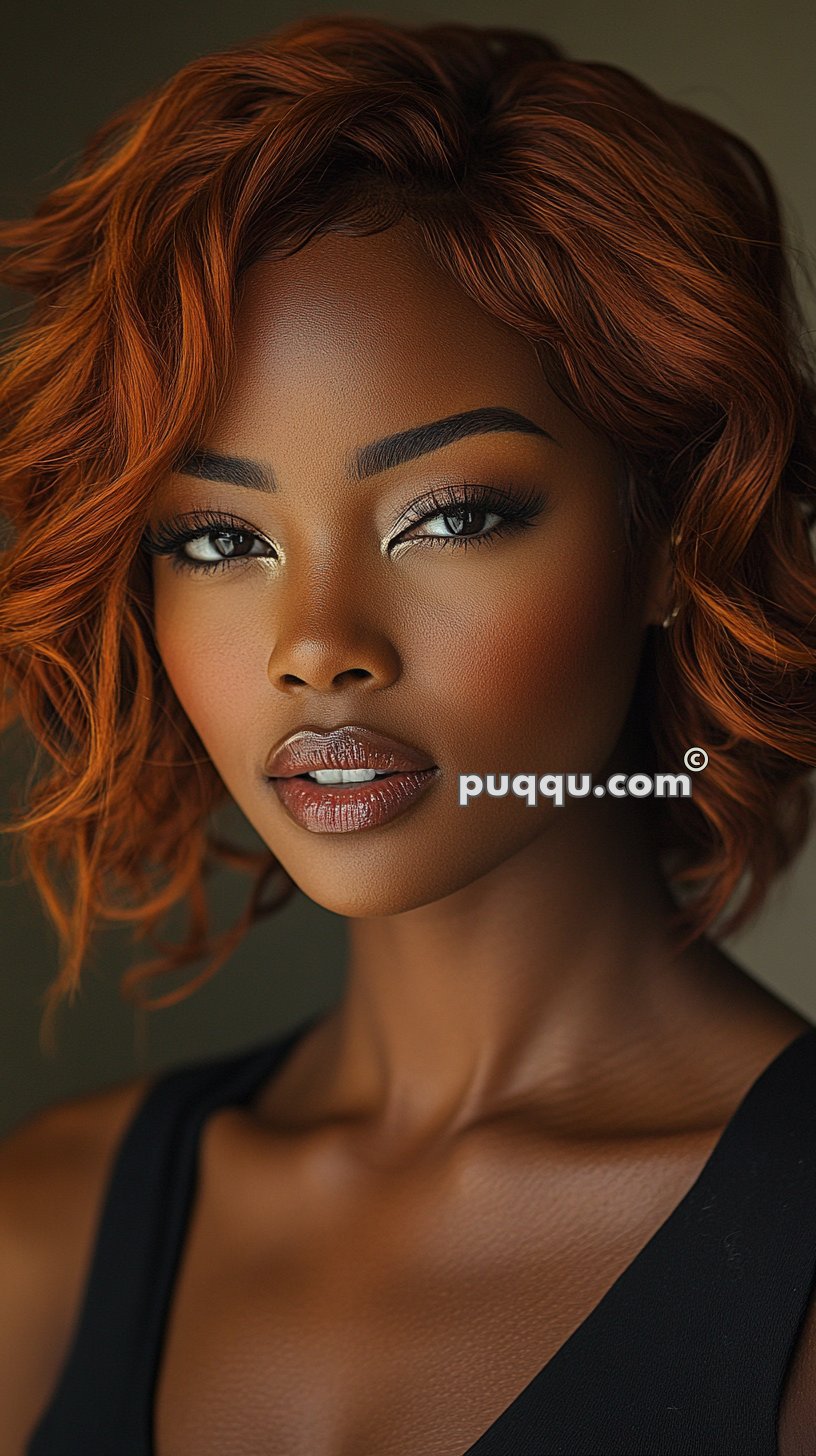 Portrait of a person with wavy auburn hair, well-defined eyebrows, and glossy lips, wearing a black top.