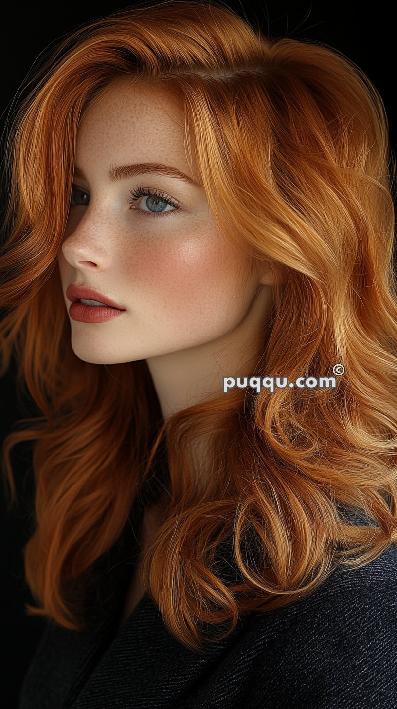 Portrait of a woman with long wavy red hair, light skin with freckles, blue eyes, and subtle makeup on a dark background.