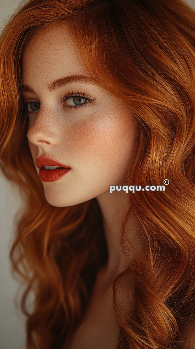 Portrait of a woman with long red hair, freckles, and red lipstick, looking slightly off-camera.