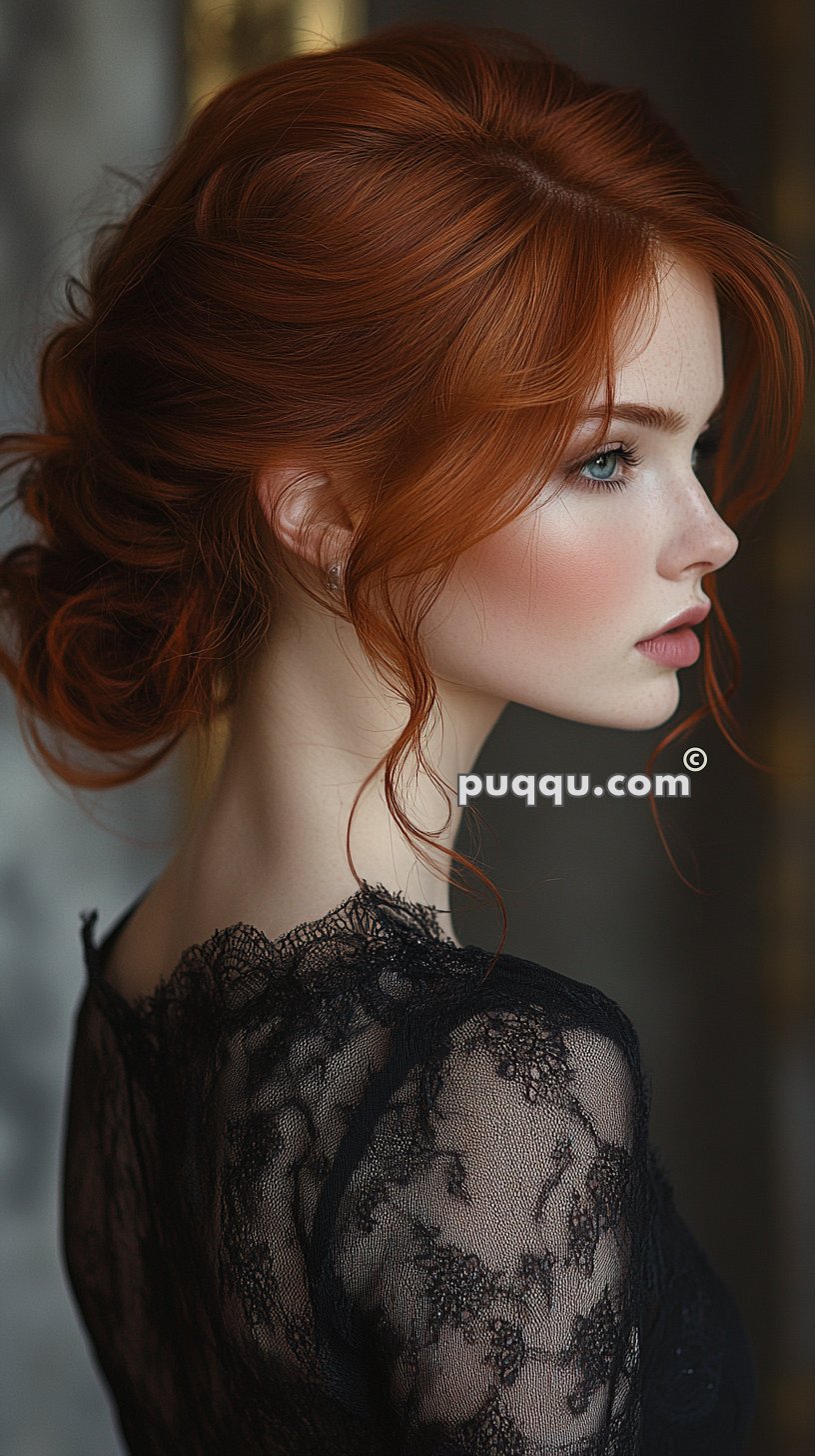 Profile of a woman with red hair in an elegant updo, wearing a black lace top.
