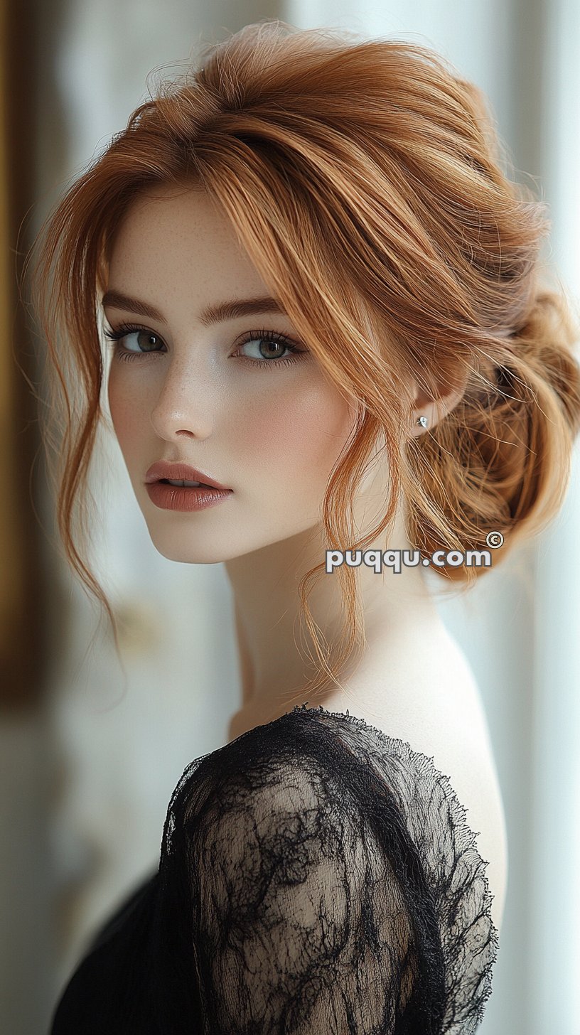 Woman with red hair in an elegant updo, wearing a black lace top, looking over her shoulder.