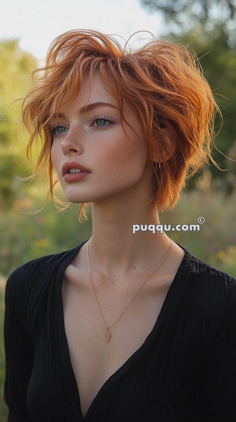 Person with short, messy red hair and freckles wearing a black top and a delicate necklace, standing outdoors.