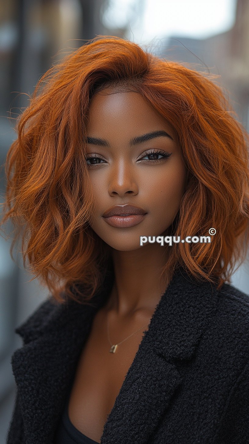 Person with wavy, shoulder-length auburn hair wearing a black coat and a delicate necklace.