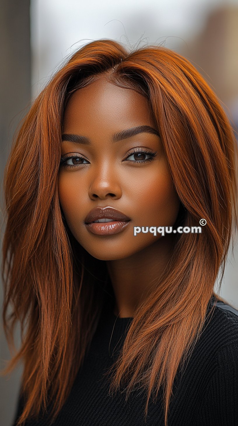 A portrait of a young woman with straight auburn hair wearing a black top, looking directly at the camera.
