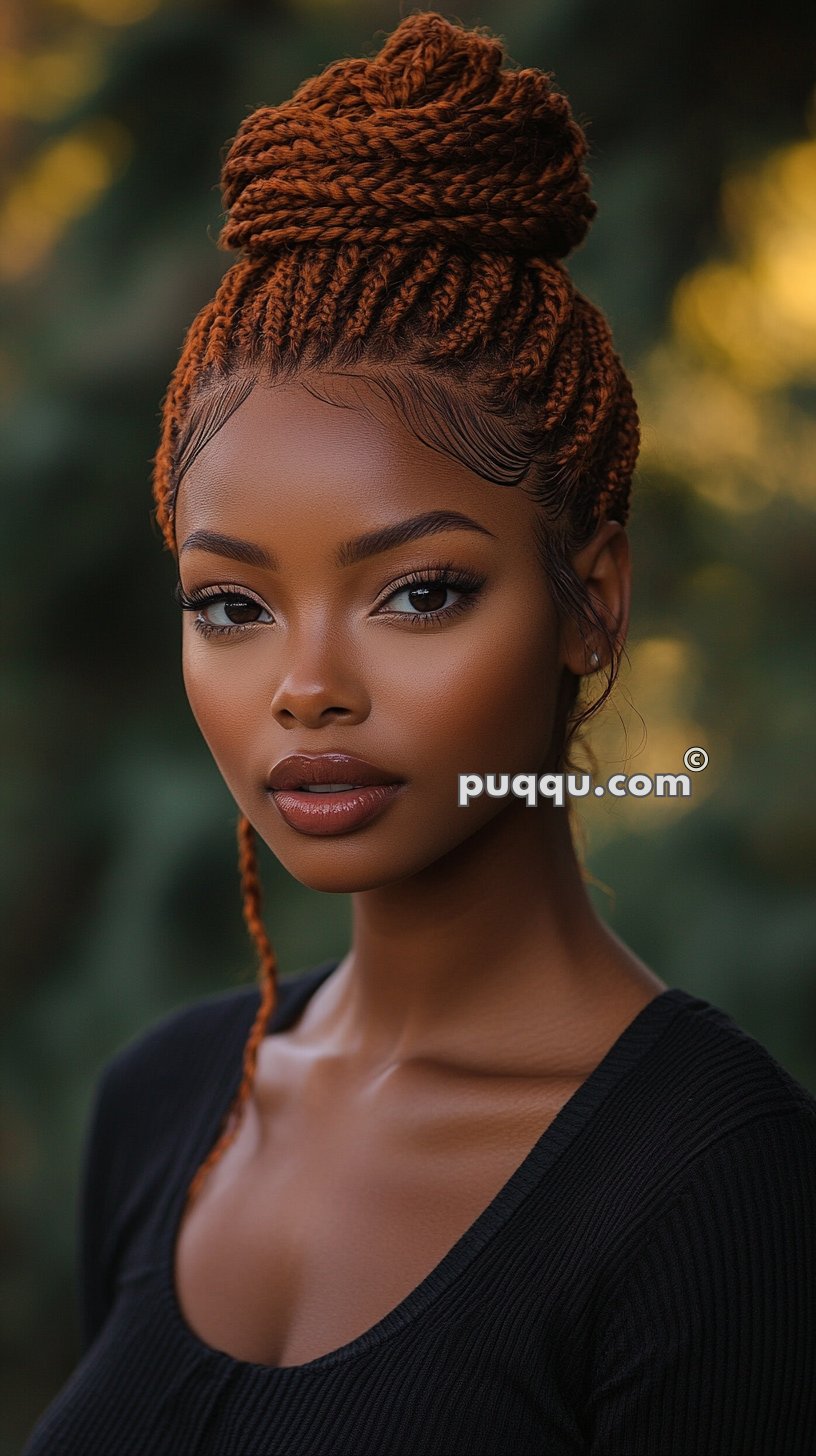 Woman with styled braids in a topknot, wearing a black top, and posing outdoors with a blurred background.