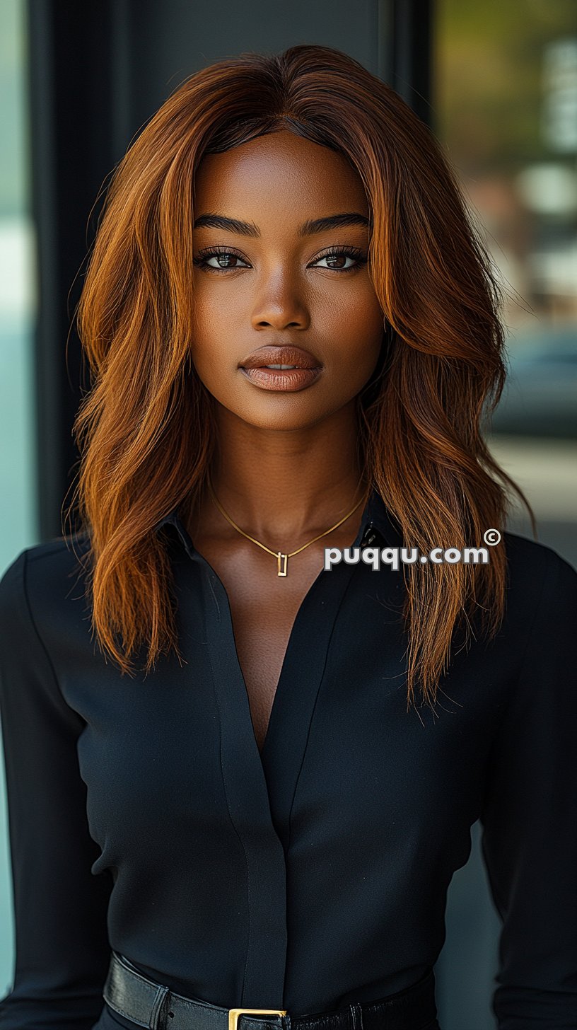 Woman with long auburn hair, wearing a black blouse and a gold necklace, standing against a blurred background.