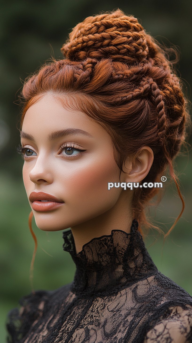 Woman with intricate braided red hair in an updo, wearing a high-collared black lace dress.