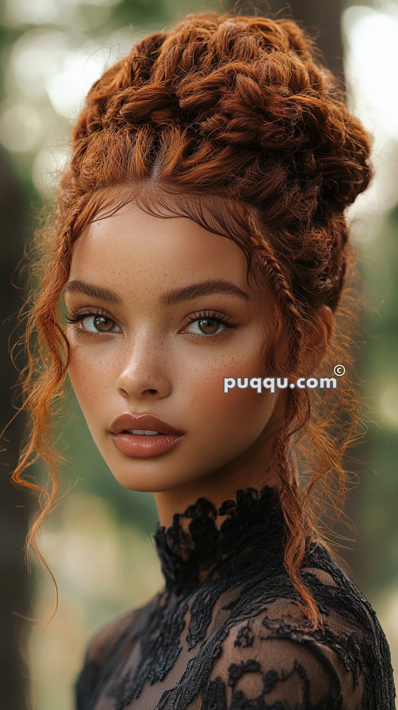 Young woman with red curly hair styled in an intricate updo, wearing a black lace top, and looking directly at the camera.