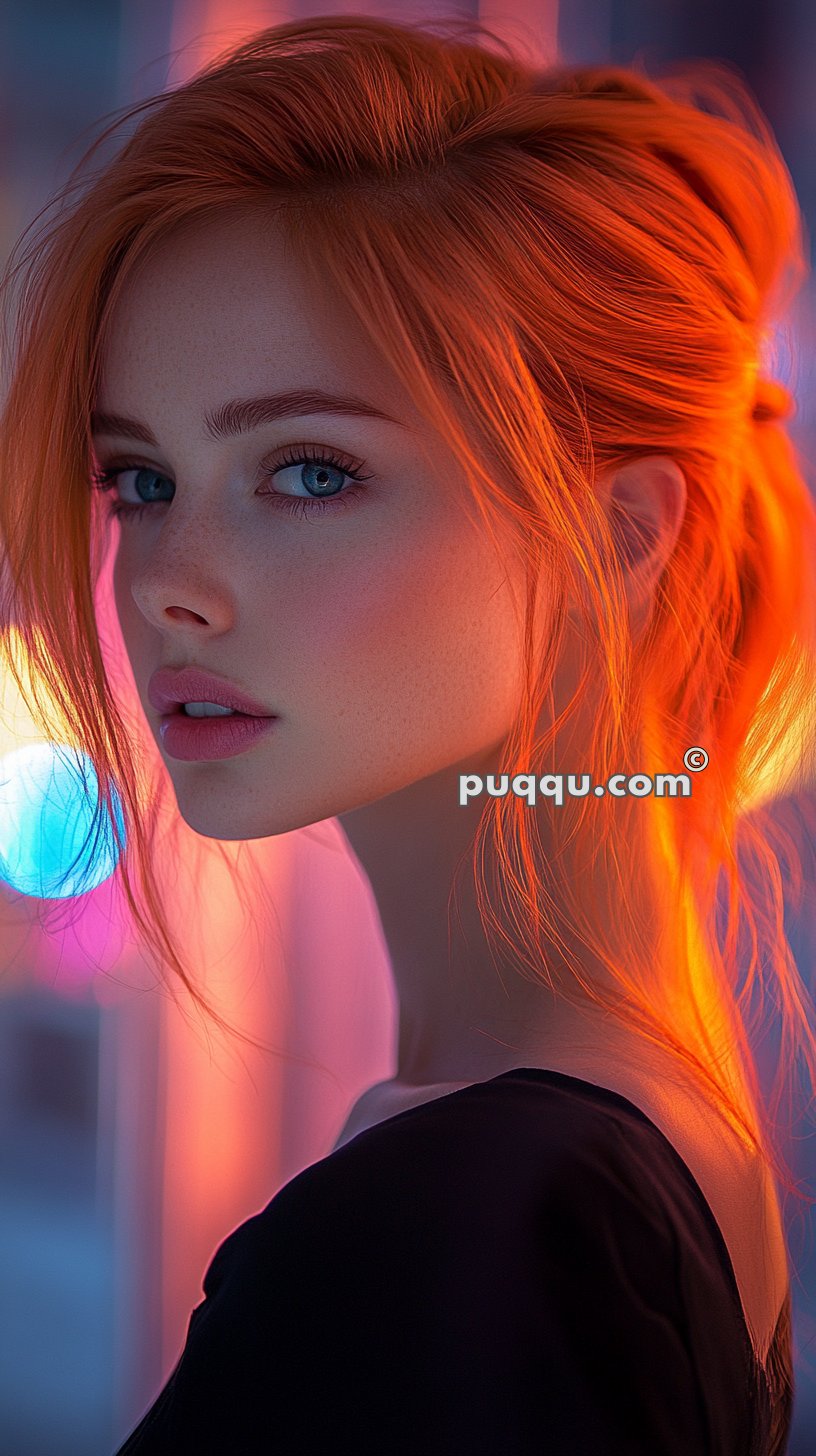 A woman with bright red hair and blue eyes gazes over her shoulder in front of a colorful, neon background.