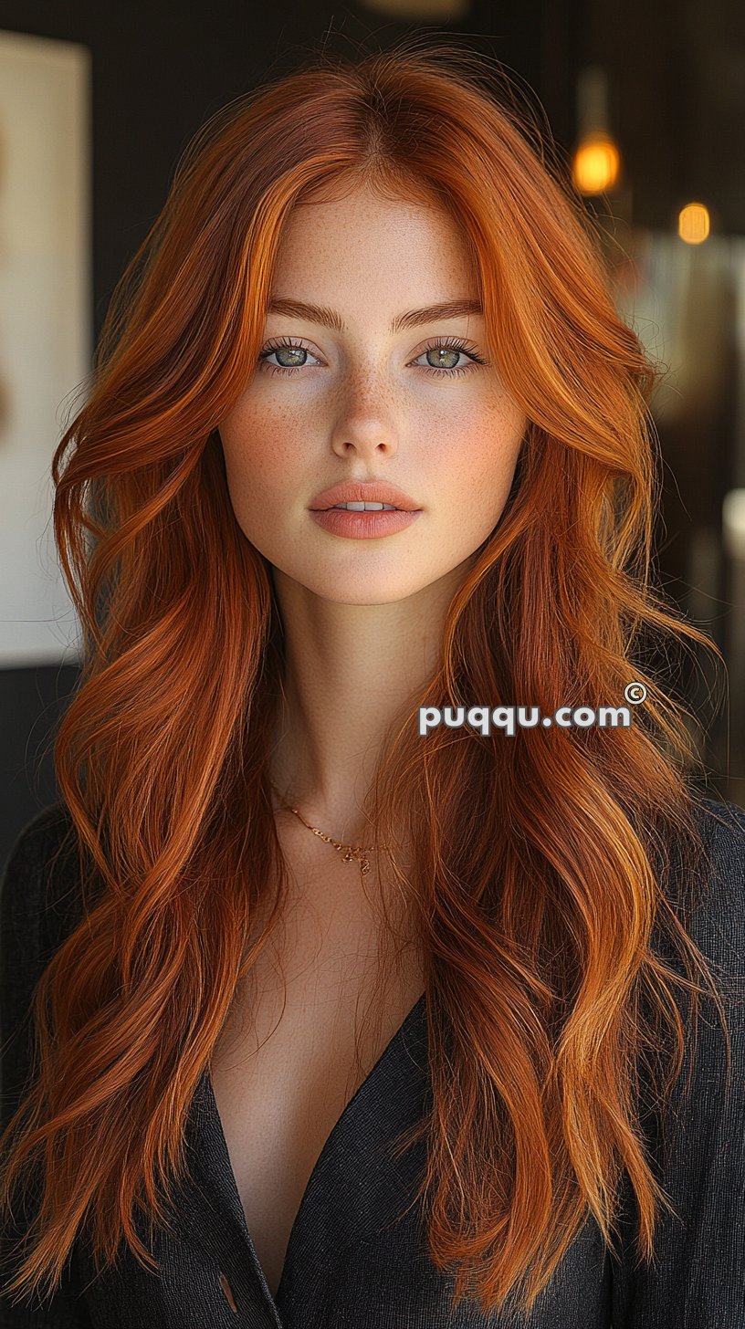 A woman with long red hair, wearing a dark top, looking directly at the camera.