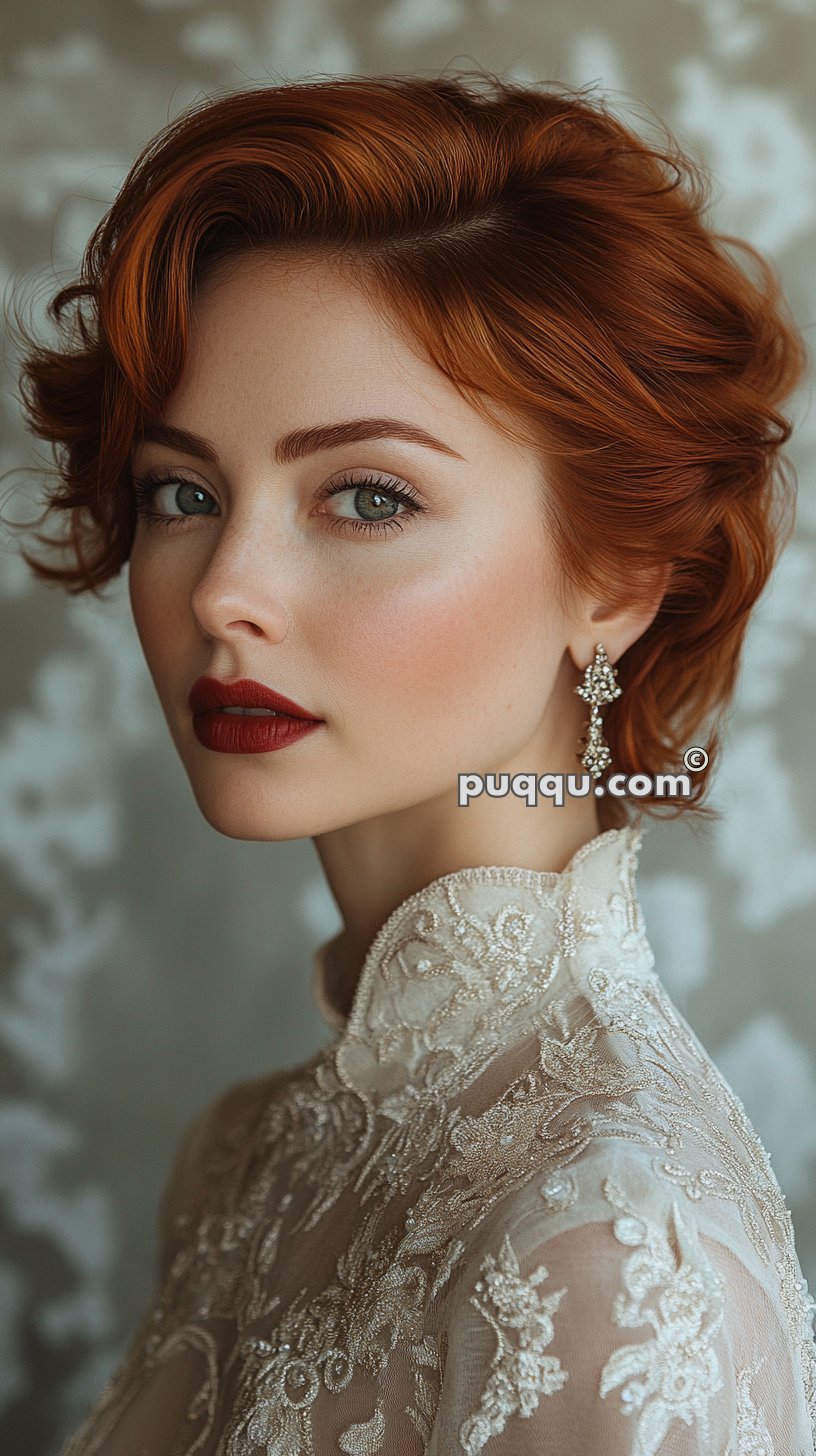 Woman with short red hair wearing a lace high-collar blouse, drop earrings, and dark red lipstick, gazing at the camera.