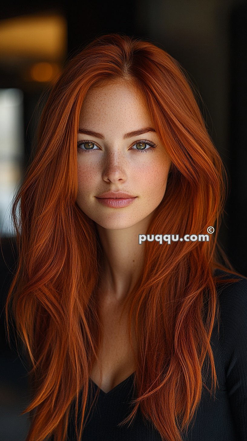 Portrait of a woman with long red hair, light skin with freckles, and green eyes, wearing a black top.