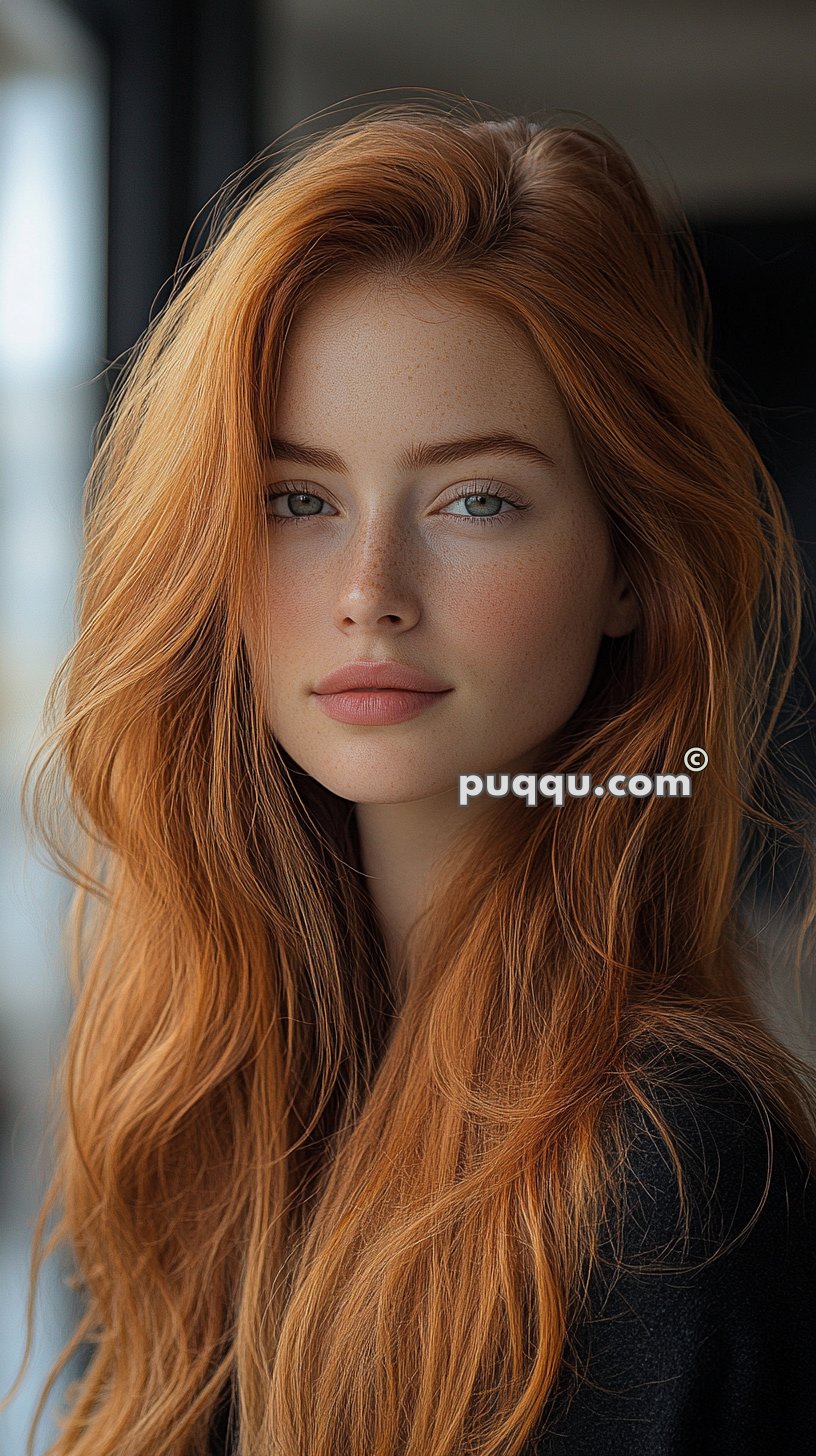 A woman with long, wavy red hair and light skin looks directly at the camera with a serious expression.