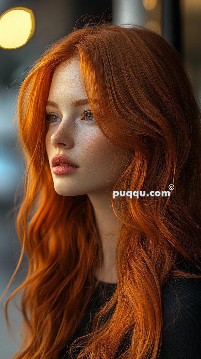 Portrait of a woman with long, wavy red hair and freckles, looking to the side with a soft light illuminating her face.