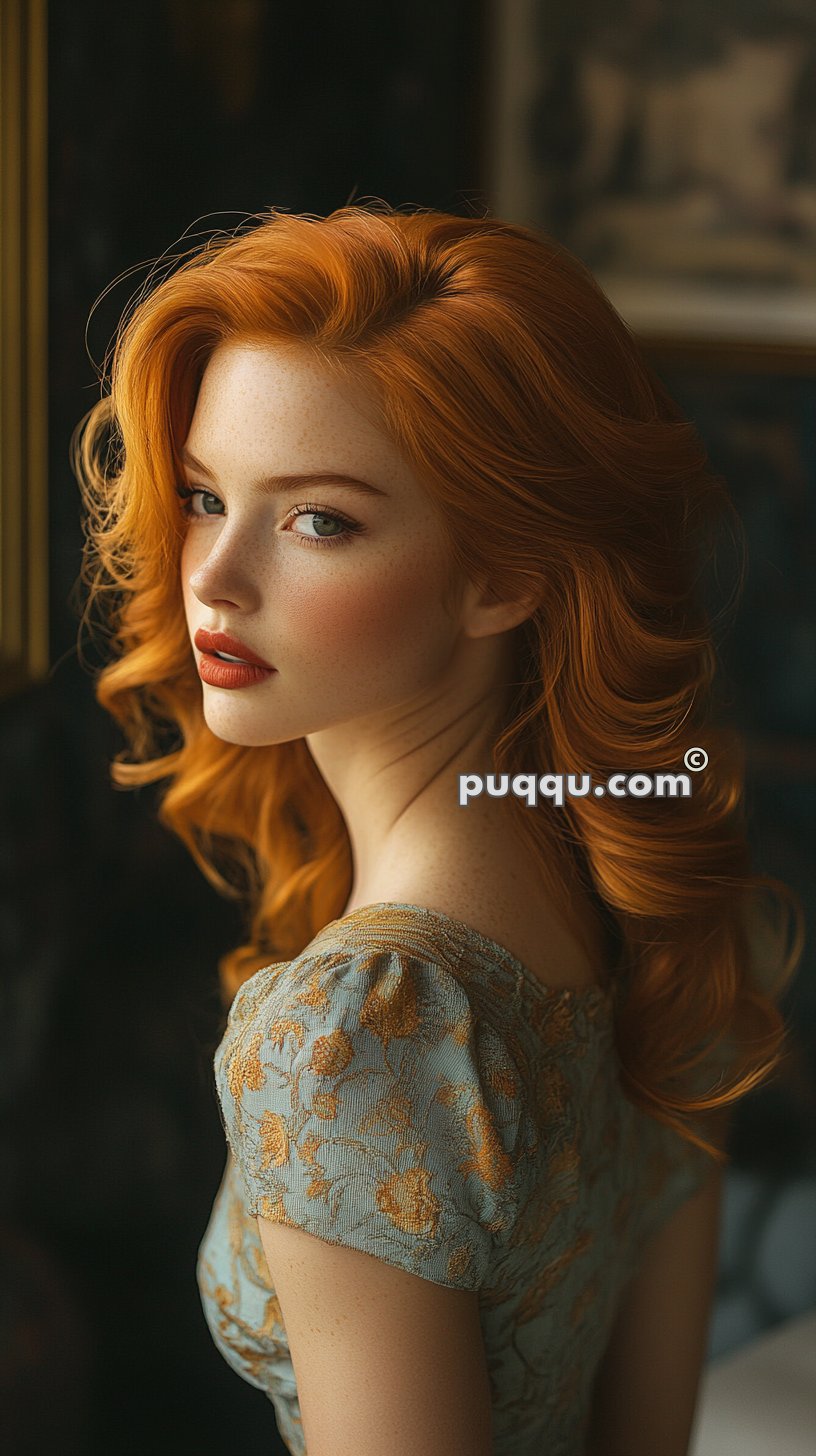 A woman with long, wavy red hair, wearing a light blue embroidered dress, looks over her shoulder towards the camera.