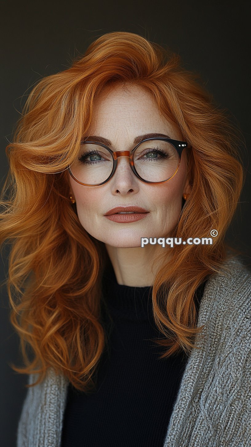 A woman with long, wavy red hair wearing round glasses, a black top, and a gray knit cardigan.