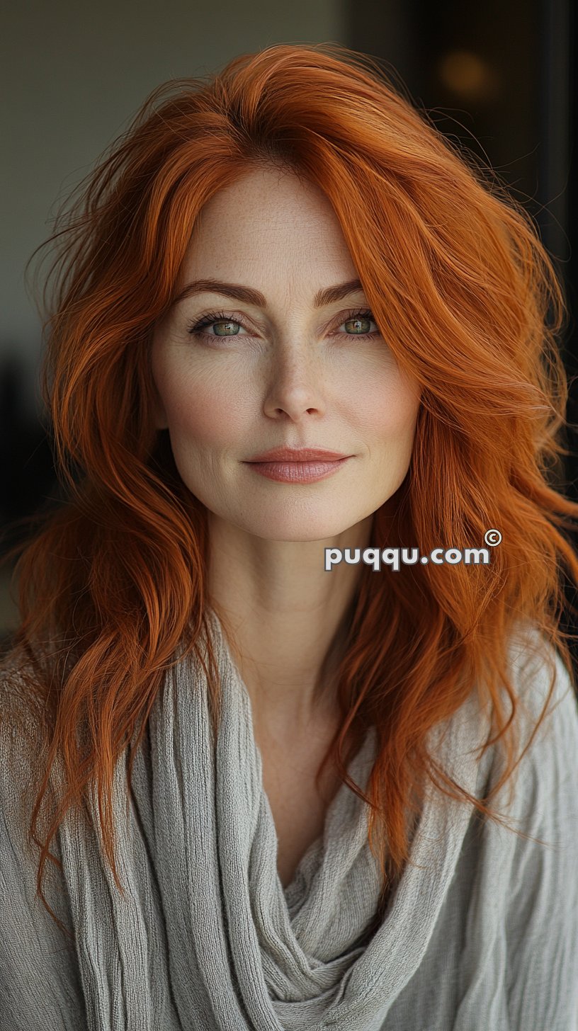 Woman with long red hair wearing a beige scarf, looking at the camera with a neutral expression.