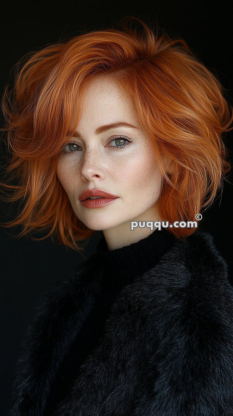 Woman with short red hair, green eyes, and freckles, wearing a black fur coat.