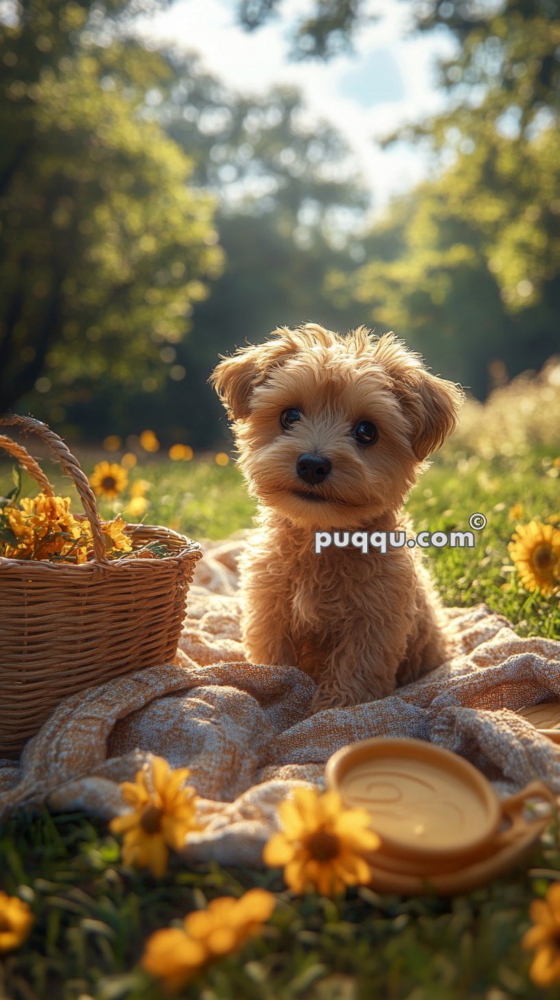 Small fluffy dog sitting on a blanket in a grassy field with yellow flowers, next to a wicker basket and ceramic cups.