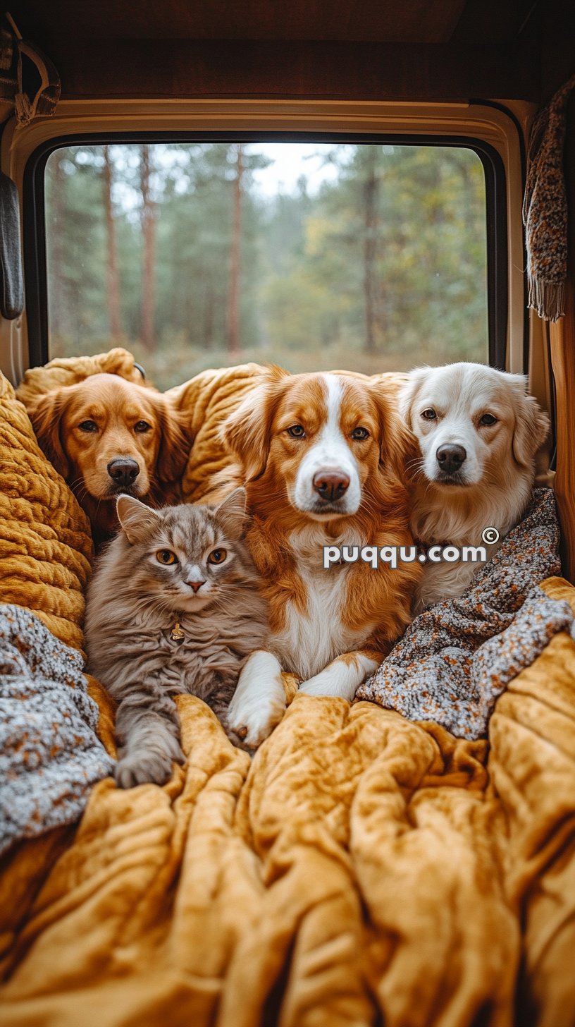 Three dogs and a cat snuggled together on a yellow blanket inside a vehicle.