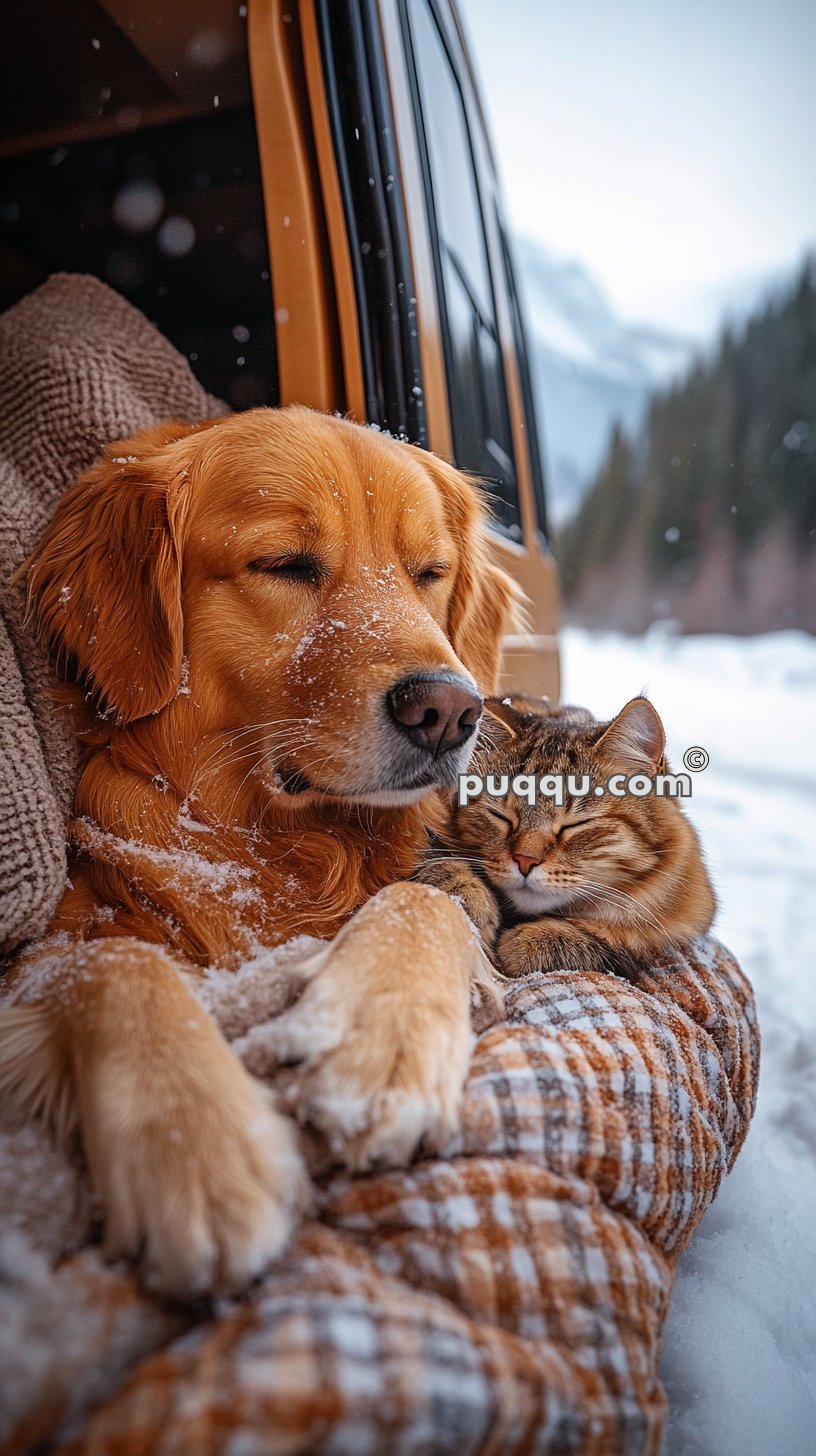 A golden retriever and a tabby cat snuggling in a blanket with snow on their fur, in front of a van with a snowy landscape in the background.
